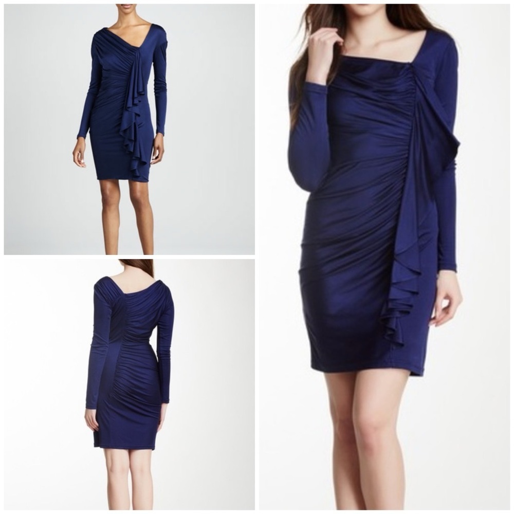 NWT Catherine Malandrino Gateway Cascading 100% Silk Stretch Asymmetrical Dress